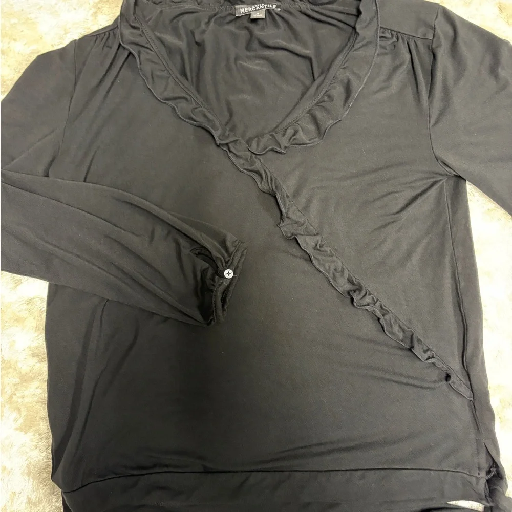 J. Crew Black Ruffled V-Neck Blouse w/ side tie - Women’s S - Picture 2 of 4